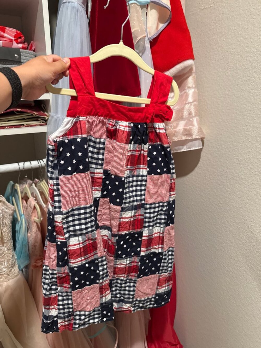 Gymboree Girls Patchwork Dress – Red White Blue Stars, Size 7